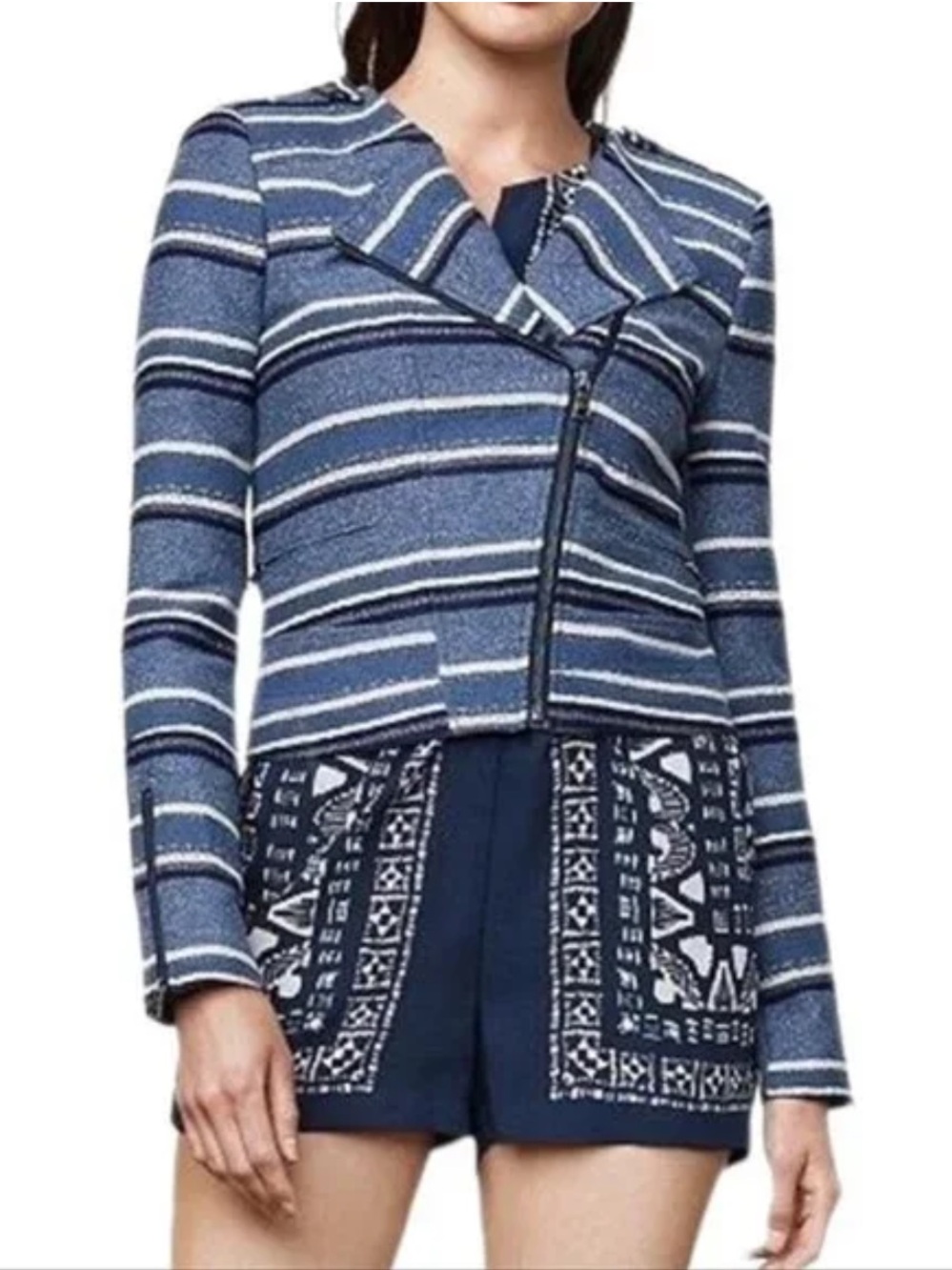BCBG Max Azria Sz S Blue White Striped Tweed Motorcycle Moto Jacket
